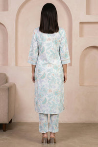 White Floral Printed Pure Cotton Straight Kurta With Trouser Co-ord Set