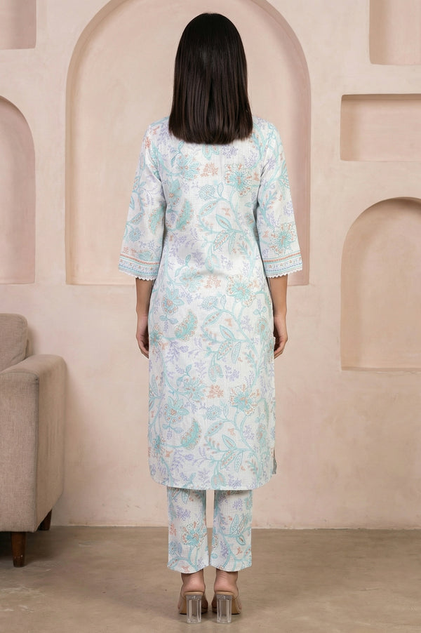 White Floral Printed Pure Cotton Straight Kurta With Trouser Co-ord Set