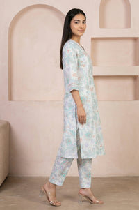 White Floral Printed Pure Cotton Straight Kurta With Trouser Co-ord Set