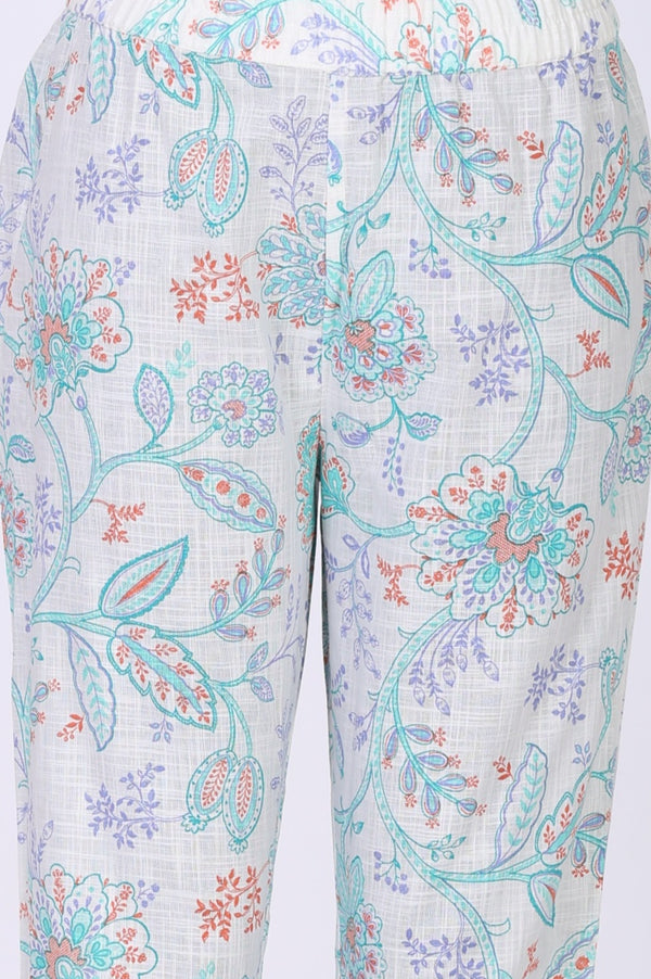 White Floral Printed Pure Cotton Straight Kurta With Trouser Co-ord Set