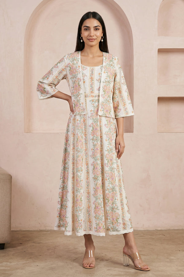 Off White Floral Printed Pure Cotton Flared Dress with Jacket Set