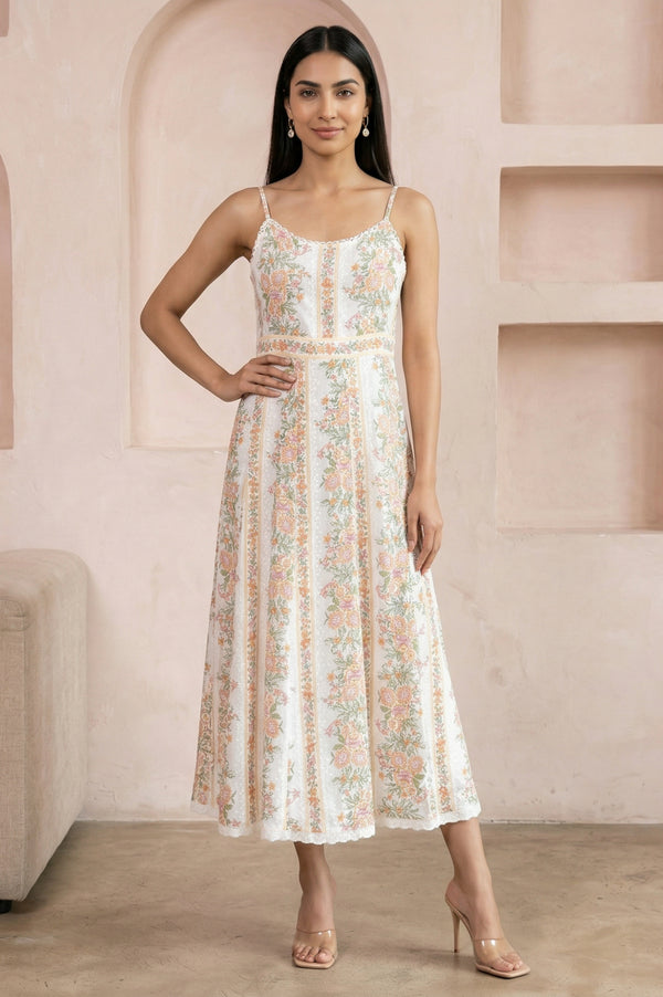 Off White Floral Printed Pure Cotton Flared Dress with Jacket Set