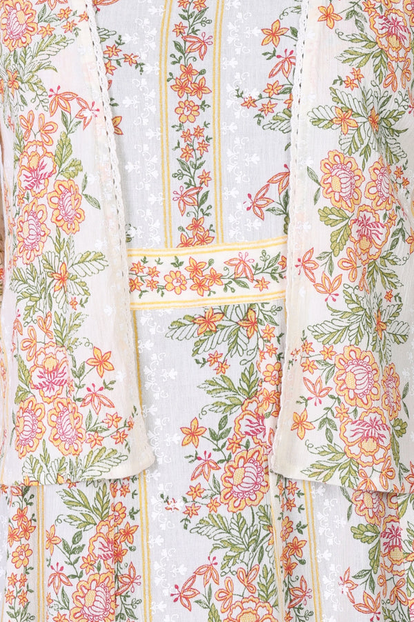 Off White Floral Printed Pure Cotton Flared Dress with Jacket Set