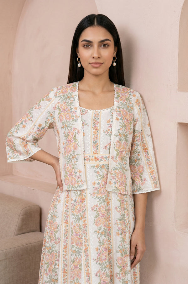 Off White Floral Printed Pure Cotton Flared Dress with Jacket Set