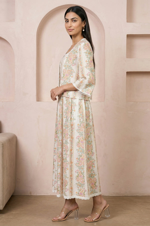 Off White Floral Printed Pure Cotton Flared Dress with Jacket Set