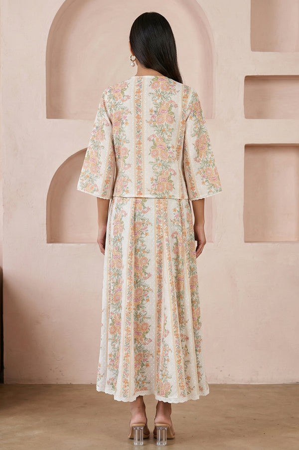 Off White Floral Printed Pure Cotton Flared Dress with Jacket Set