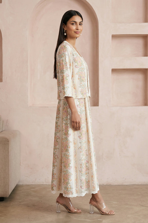 Off White Floral Printed Pure Cotton Flared Dress with Jacket Set