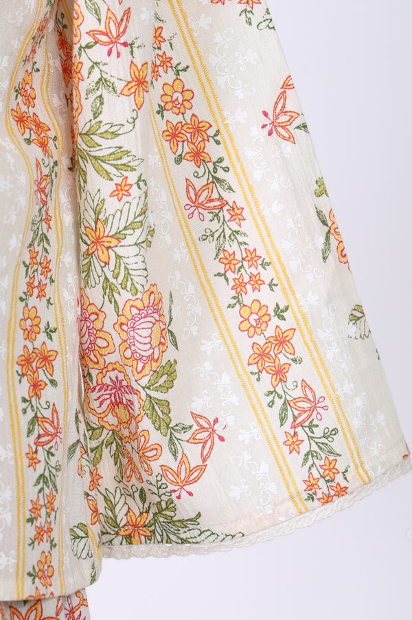 Off White Floral Printed Pure Cotton Flared Dress with Jacket Set