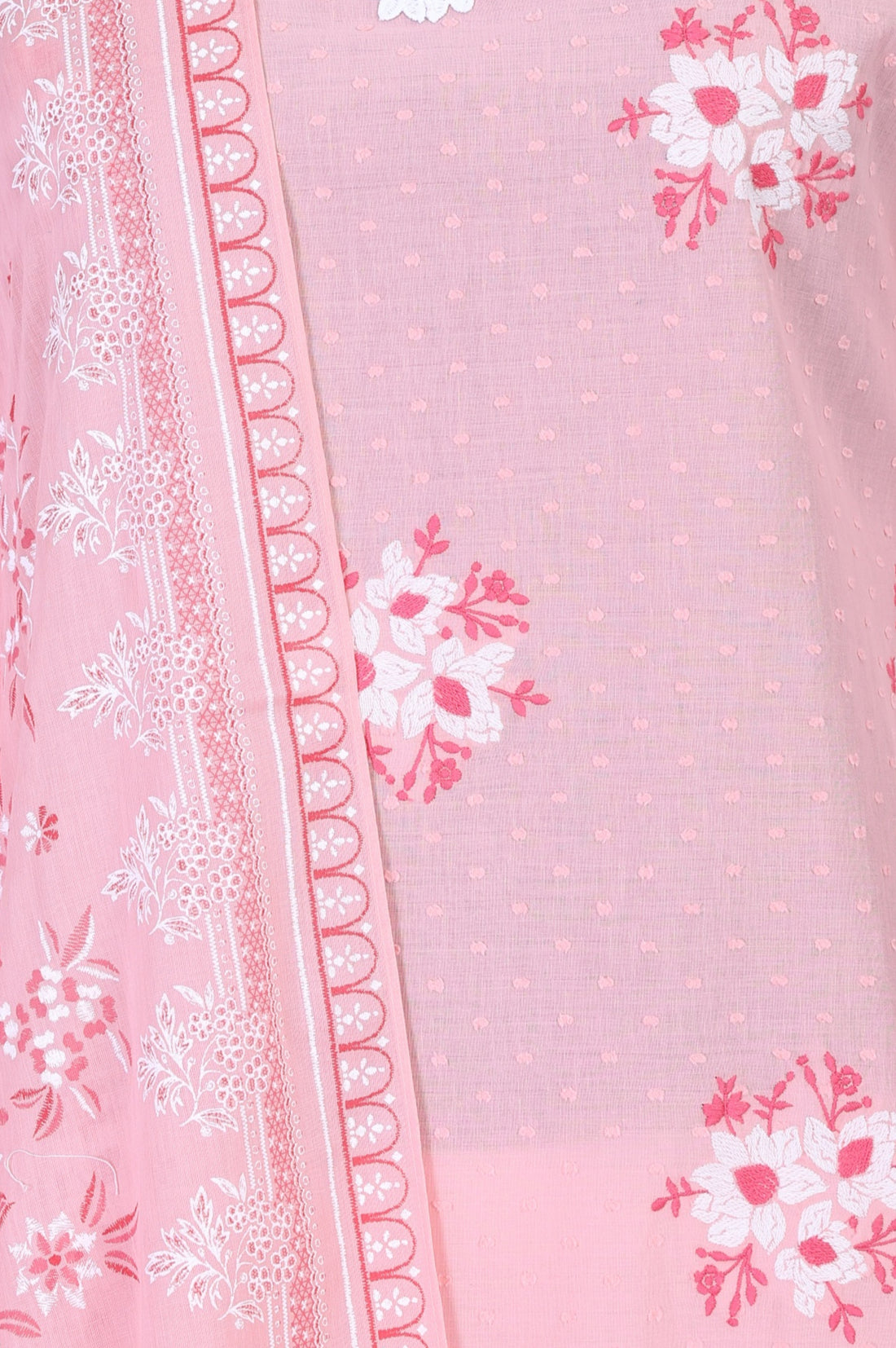 Pink Floral Printed Thread Embroidered Pure Cotton Straight Kurta with Palazzo and Dupatta Set