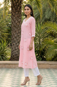 Pink Floral Printed Thread Embroidered Pure Cotton Straight Kurta with Palazzo and Dupatta Set