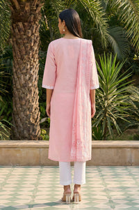 Pink Floral Printed Thread Embroidered Pure Cotton Straight Kurta with Palazzo and Dupatta Set