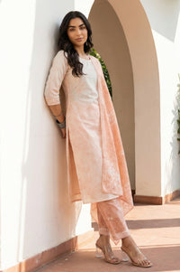 Off-White Thread Embroidered Chanderi Straight Kurta with Palazzo and Dupatta Set