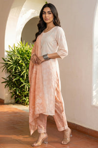 Off-White Thread Embroidered Chanderi Straight Kurta with Palazzo and Dupatta Set