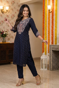 Navy Blue Embroidered Yarn Dyed Chanderi Butti Straight Kurta with Trousers Set