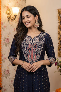 Navy Blue Embroidered Yarn Dyed Chanderi Butti Straight Kurta with Trousers Set