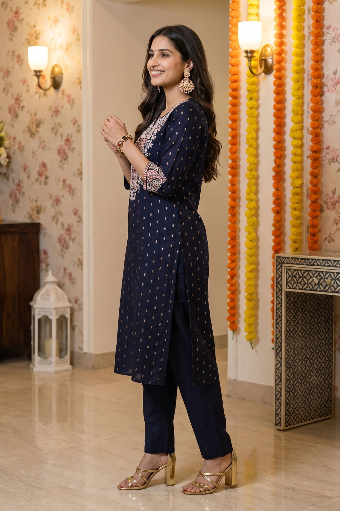 Navy Blue Embroidered Yarn Dyed Chanderi Butti Straight Kurta with Trousers Set