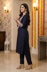 Navy Blue Embroidered Yarn Dyed Chanderi Butti Straight Kurta with Trousers Set
