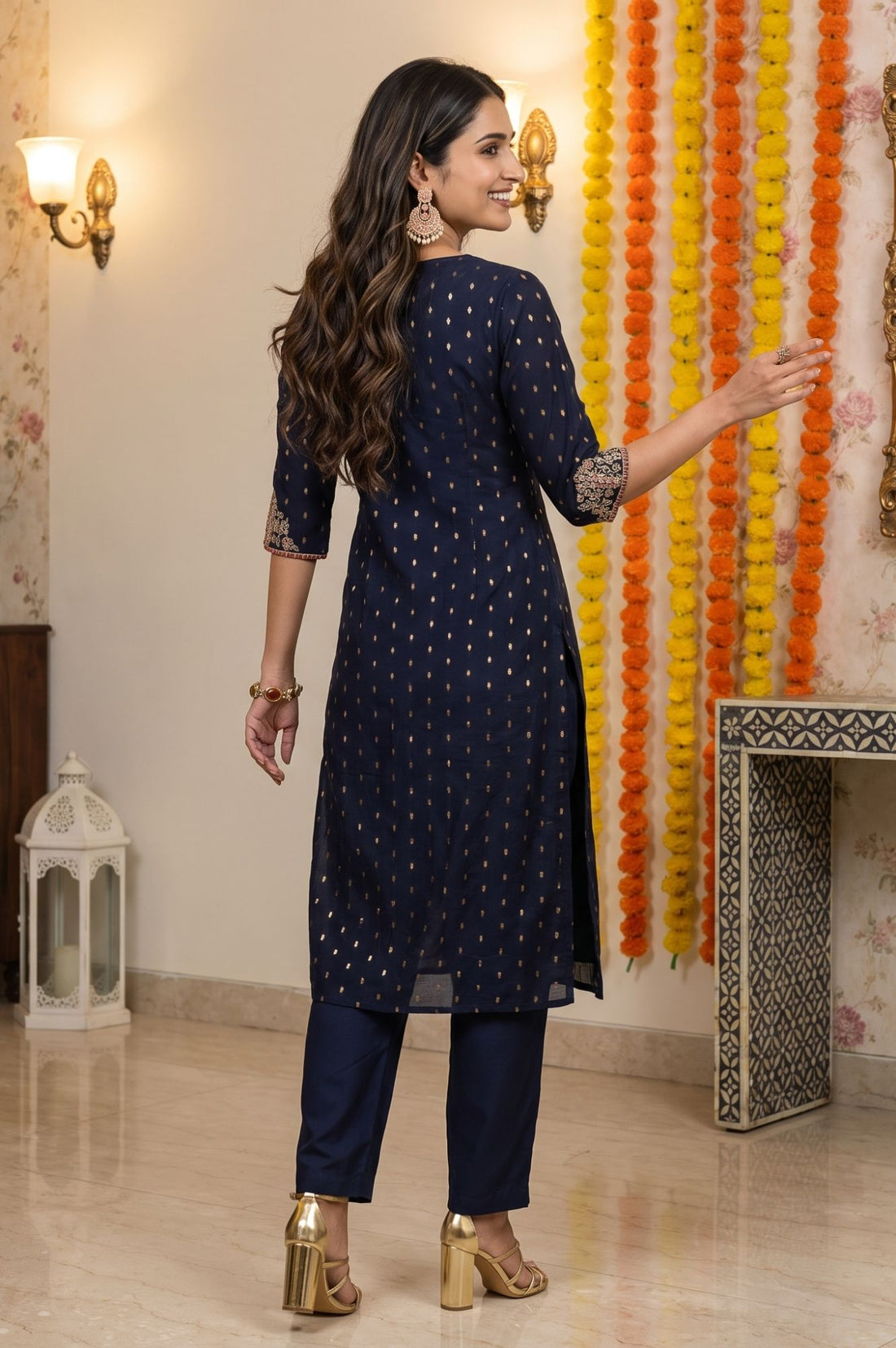 Navy Blue Embroidered Yarn Dyed Chanderi Butti Straight Kurta with Trousers Set