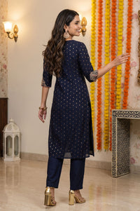 Navy Blue Embroidered Yarn Dyed Chanderi Butti Straight Kurta with Trousers Set