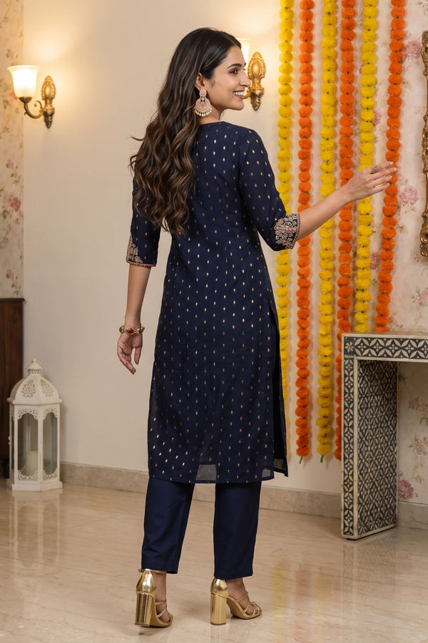 Navy Blue Embroidered Yarn Dyed Chanderi Butti Straight Kurta with Trousers Set
