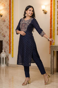 Navy Blue Embroidered Yarn Dyed Chanderi Butti Straight Kurta with Trousers Set