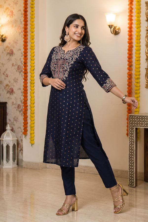 Navy Blue Embroidered Yarn Dyed Chanderi Butti Straight Kurta with Trousers Set