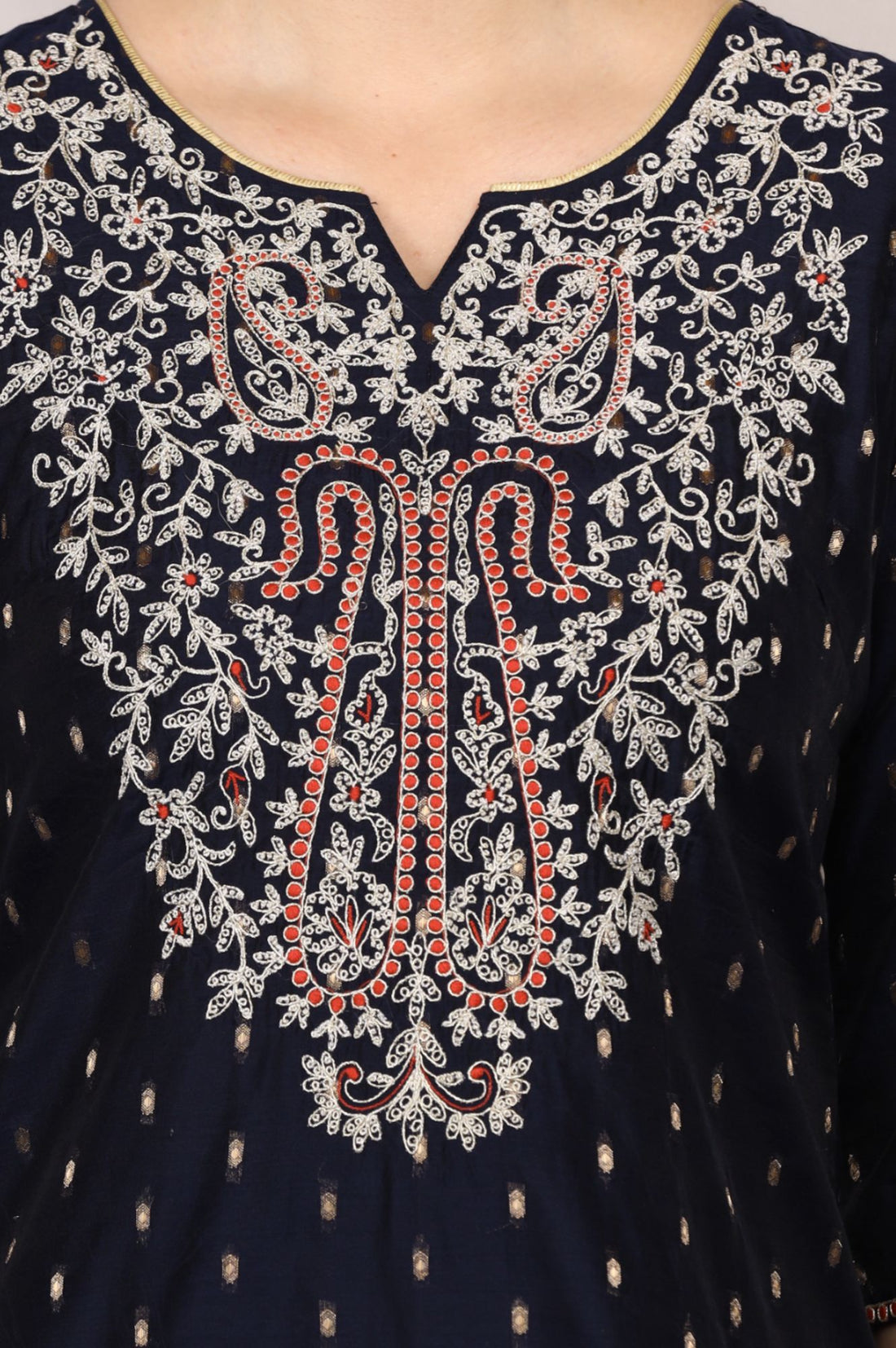 Navy Blue Embroidered Yarn Dyed Chanderi Butti Straight Kurta with Trousers Set