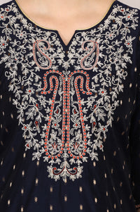 Navy Blue Embroidered Yarn Dyed Chanderi Butti Straight Kurta with Trousers Set
