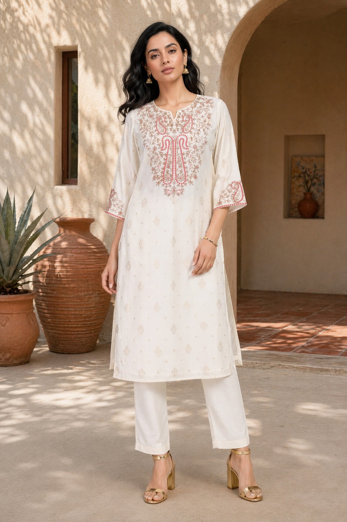 Aurelia Women's Off White Zari Embroidered Jacquard Straight Kurta with Trousers Set - L