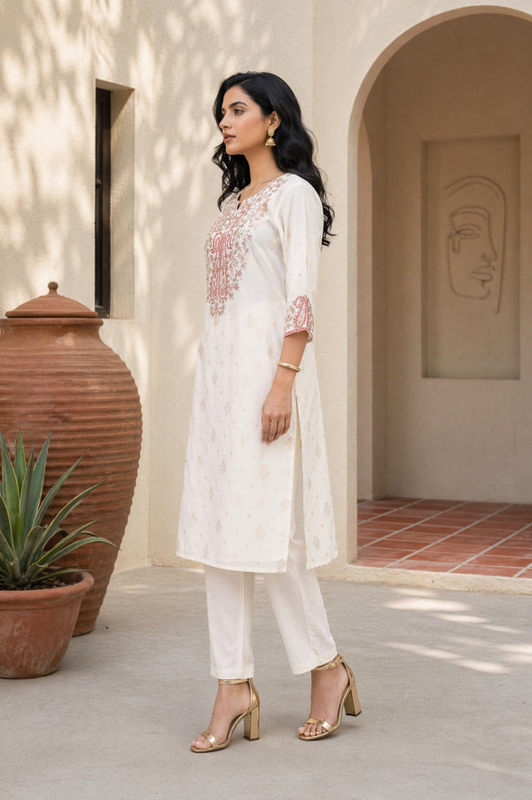 Aurelia Women's Off White Zari Embroidered Jacquard Straight Kurta with Trousers Set