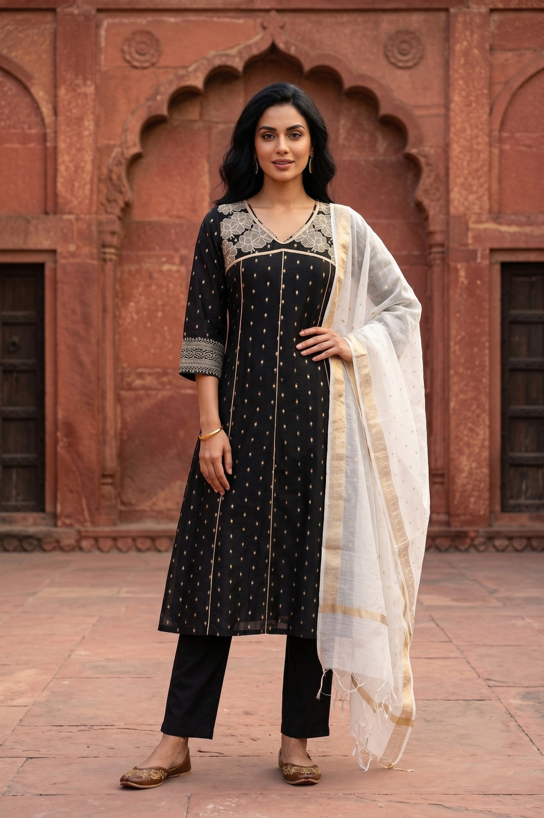 Black Yarn Dyed Zari Embroidered Chanderi Flared Kurta With Trousers and Dupatta Set