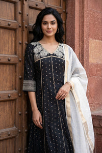 Black Yarn Dyed Zari Embroidered Chanderi Flared Kurta With Trousers and Dupatta Set