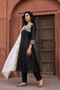 Black Yarn Dyed Zari Embroidered Chanderi Flared Kurta With Trousers and Dupatta Set