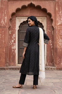 Black Yarn Dyed Zari Embroidered Chanderi Flared Kurta With Trousers and Dupatta Set
