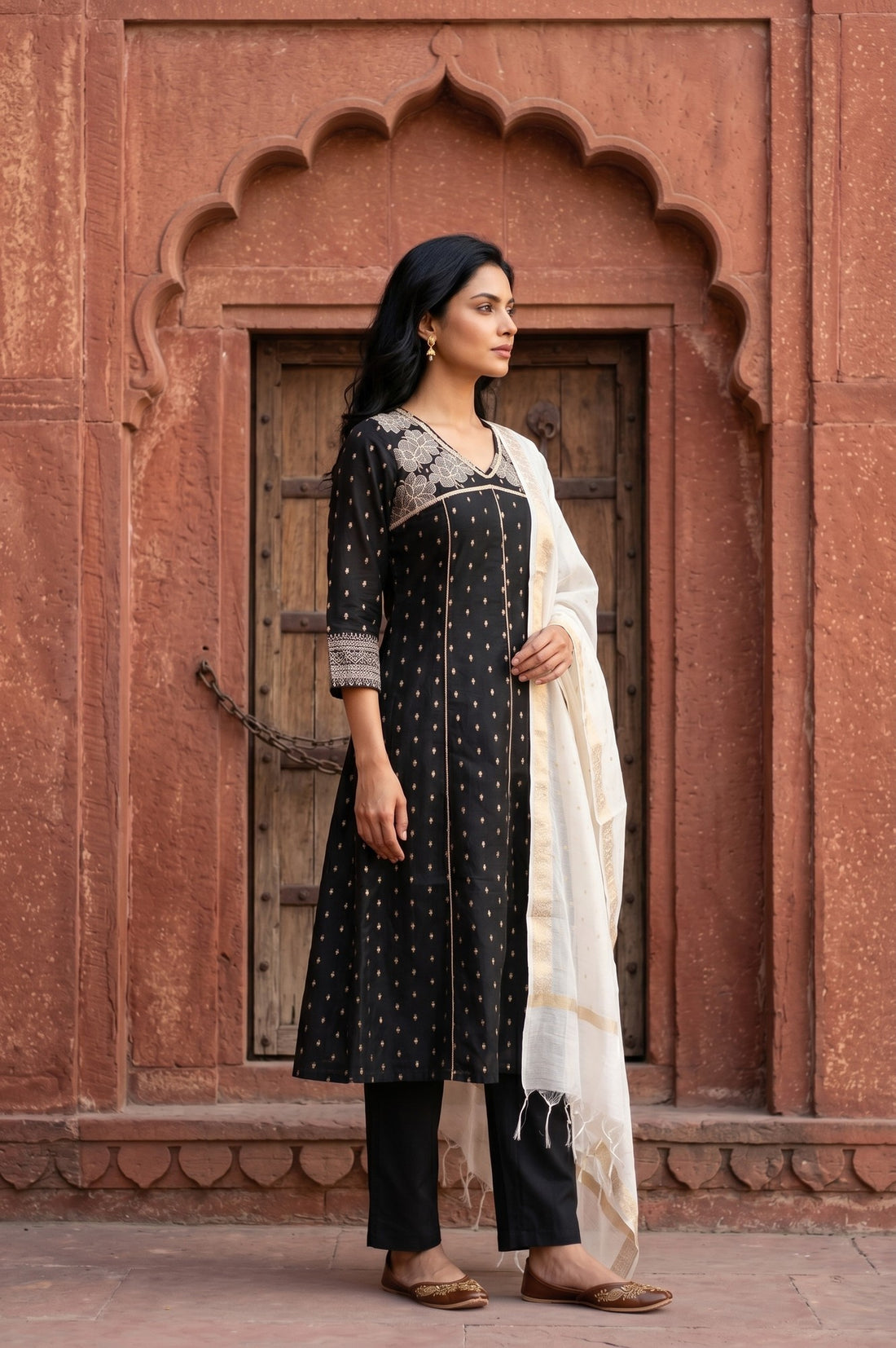 Black Yarn Dyed Zari Embroidered Chanderi Flared Kurta With Trousers and Dupatta Set