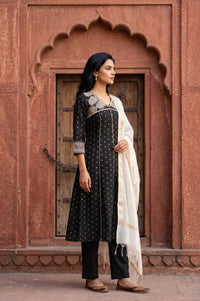 Black Yarn Dyed Zari Embroidered Chanderi Flared Kurta With Trousers and Dupatta Set