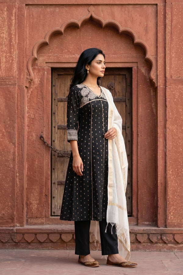 Black Yarn Dyed Zari Embroidered Chanderi Flared Kurta With Trousers and Dupatta Set