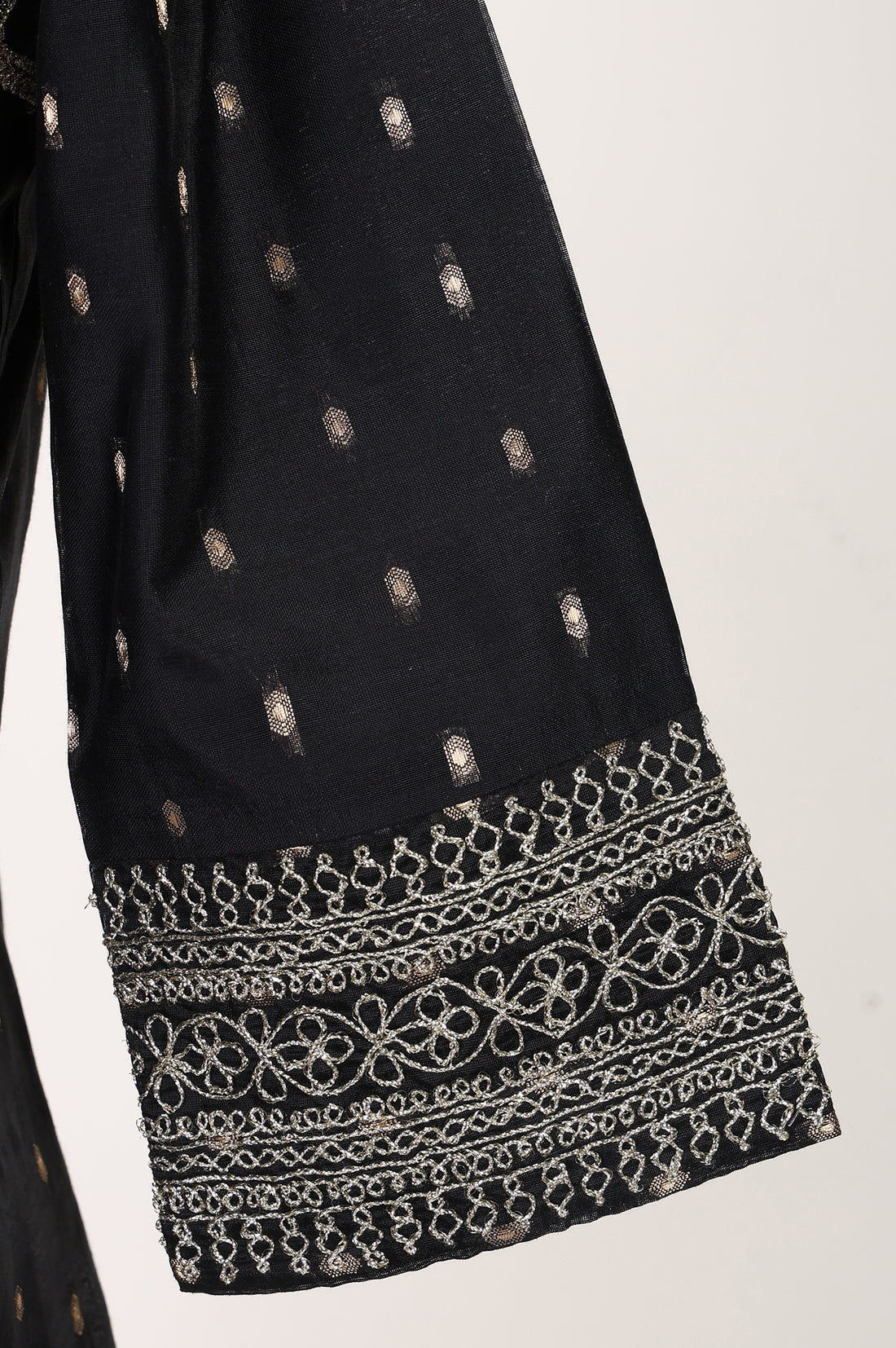 Black Yarn Dyed Zari Embroidered Chanderi Flared Kurta With Trousers and Dupatta Set