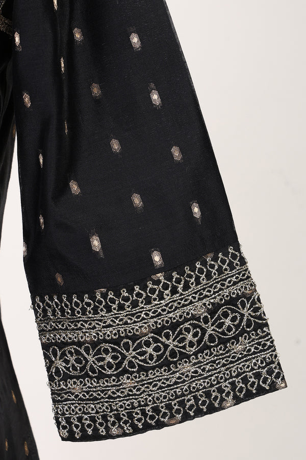 Black Yarn Dyed Zari Embroidered Chanderi Flared Kurta With Trousers and Dupatta Set
