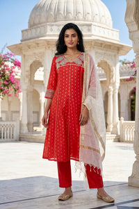 Red Yarn Dyed Zari Embroidered Chanderi Straight Kurta With Trousers and Dupatta Set