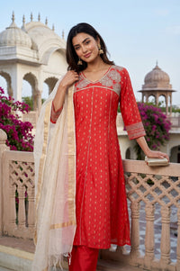 Red Yarn Dyed Zari Embroidered Chanderi Straight Kurta With Trousers and Dupatta Set