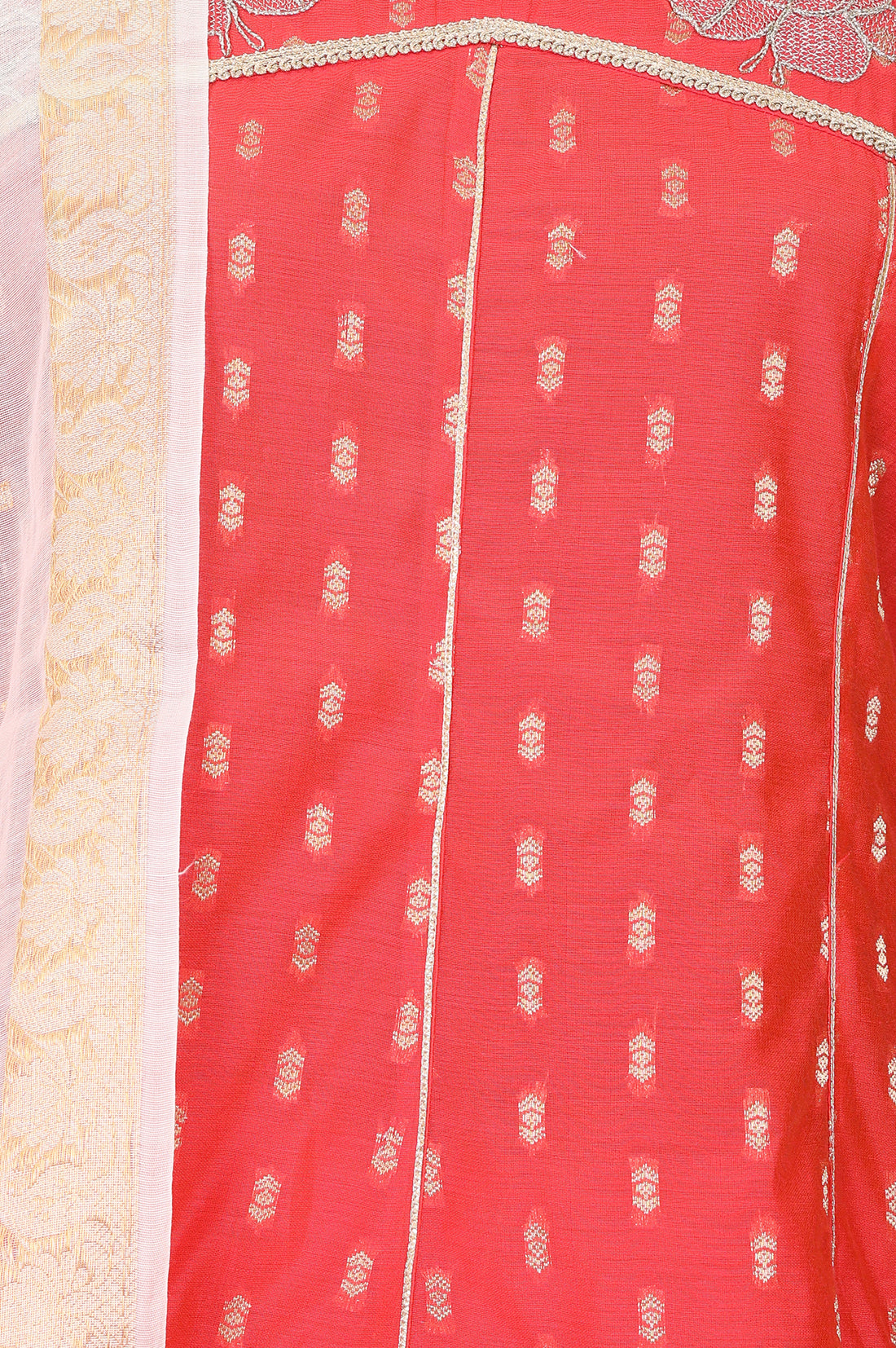 Red Yarn Dyed Zari Embroidered Chanderi Straight Kurta With Trousers and Dupatta Set