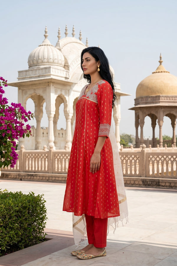 Red Yarn Dyed Zari Embroidered Chanderi Straight Kurta With Trousers and Dupatta Set