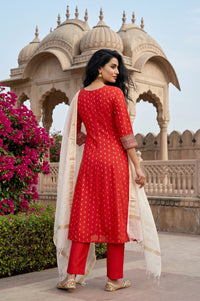 Red Yarn Dyed Zari Embroidered Chanderi Straight Kurta With Trousers and Dupatta Set