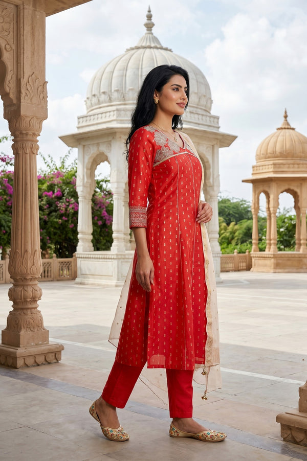 Red Yarn Dyed Zari Embroidered Chanderi Straight Kurta With Trousers and Dupatta Set