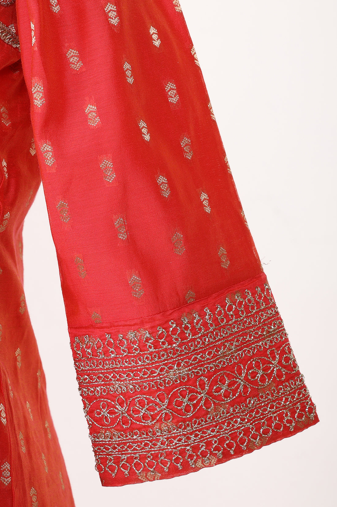 Red Yarn Dyed Zari Embroidered Chanderi Straight Kurta With Trousers and Dupatta Set