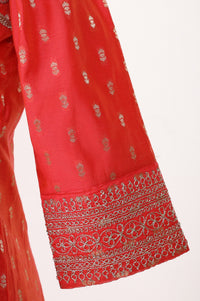 Red Yarn Dyed Zari Embroidered Chanderi Straight Kurta With Trousers and Dupatta Set