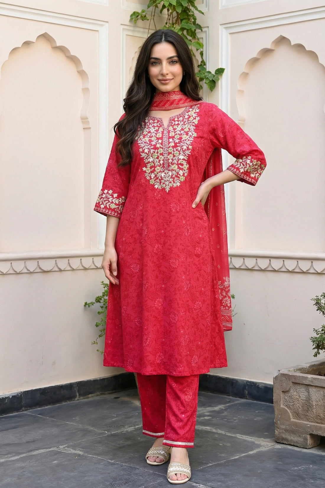 Red Floral Printed Embroidered Crepe Straight Kurta with Pants and Dupatta Set