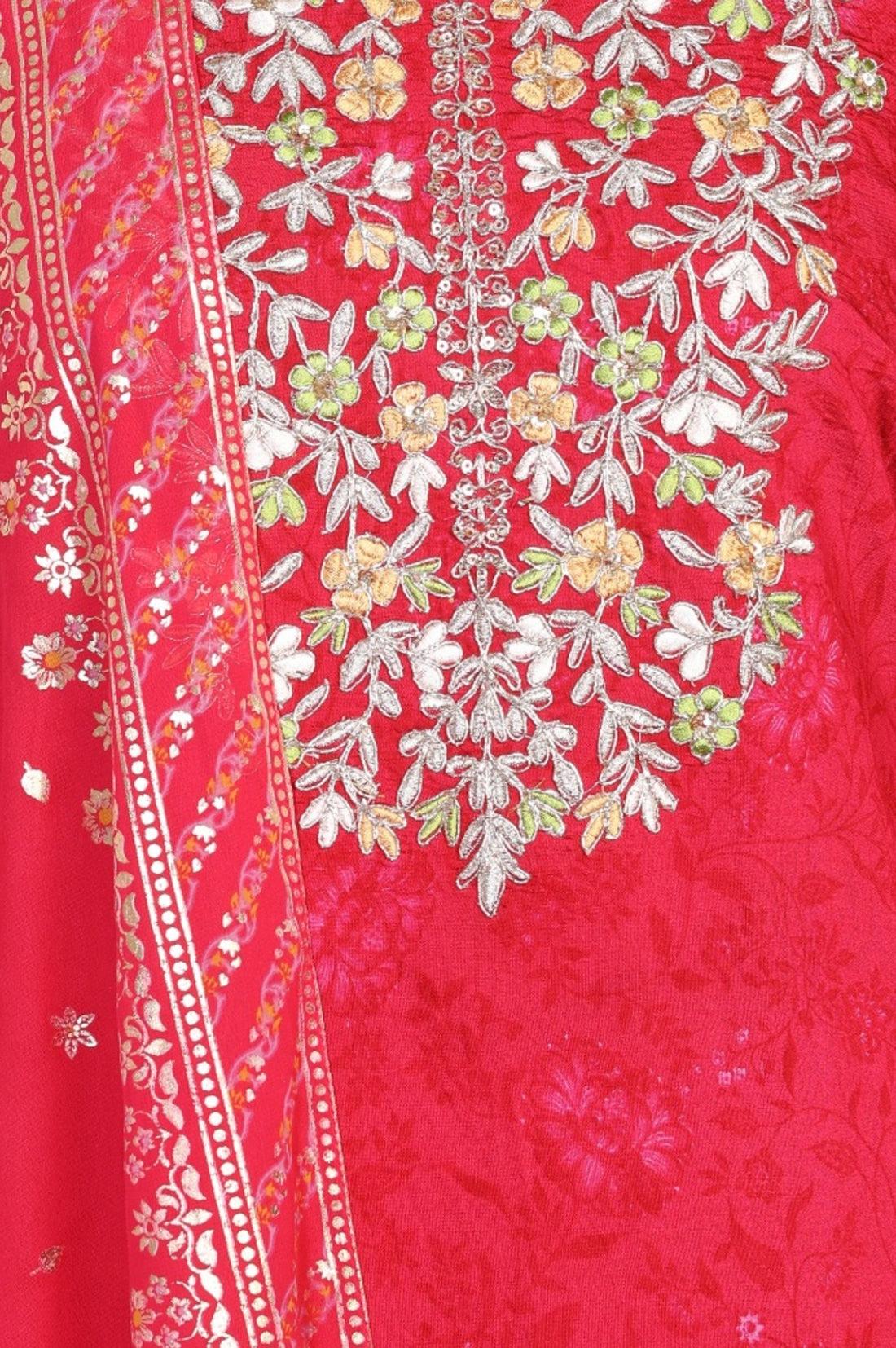 Red Floral Printed Embroidered Crepe Straight Kurta with Pants and Dupatta Set