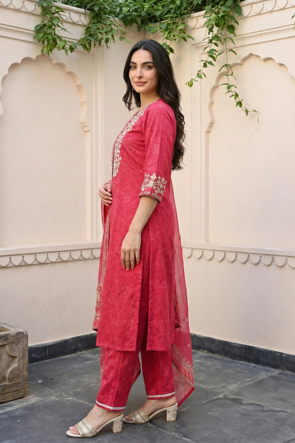 Red Floral Printed Embroidered Crepe Straight Kurta with Pants and Dupatta Set